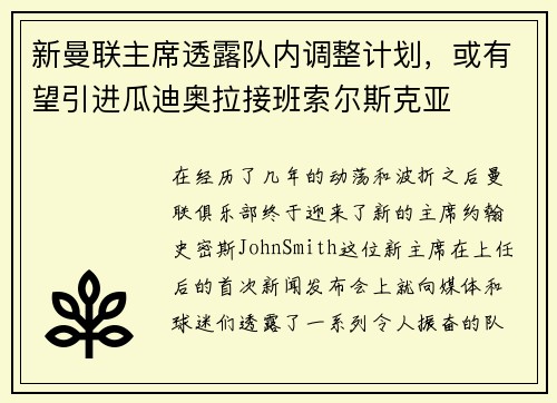 新曼联主席透露队内调整计划，或有望引进瓜迪奥拉接班索尔斯克亚