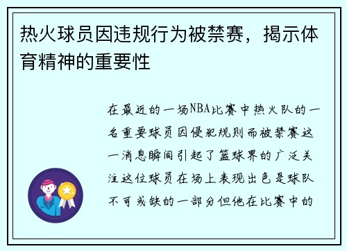 热火球员因违规行为被禁赛，揭示体育精神的重要性